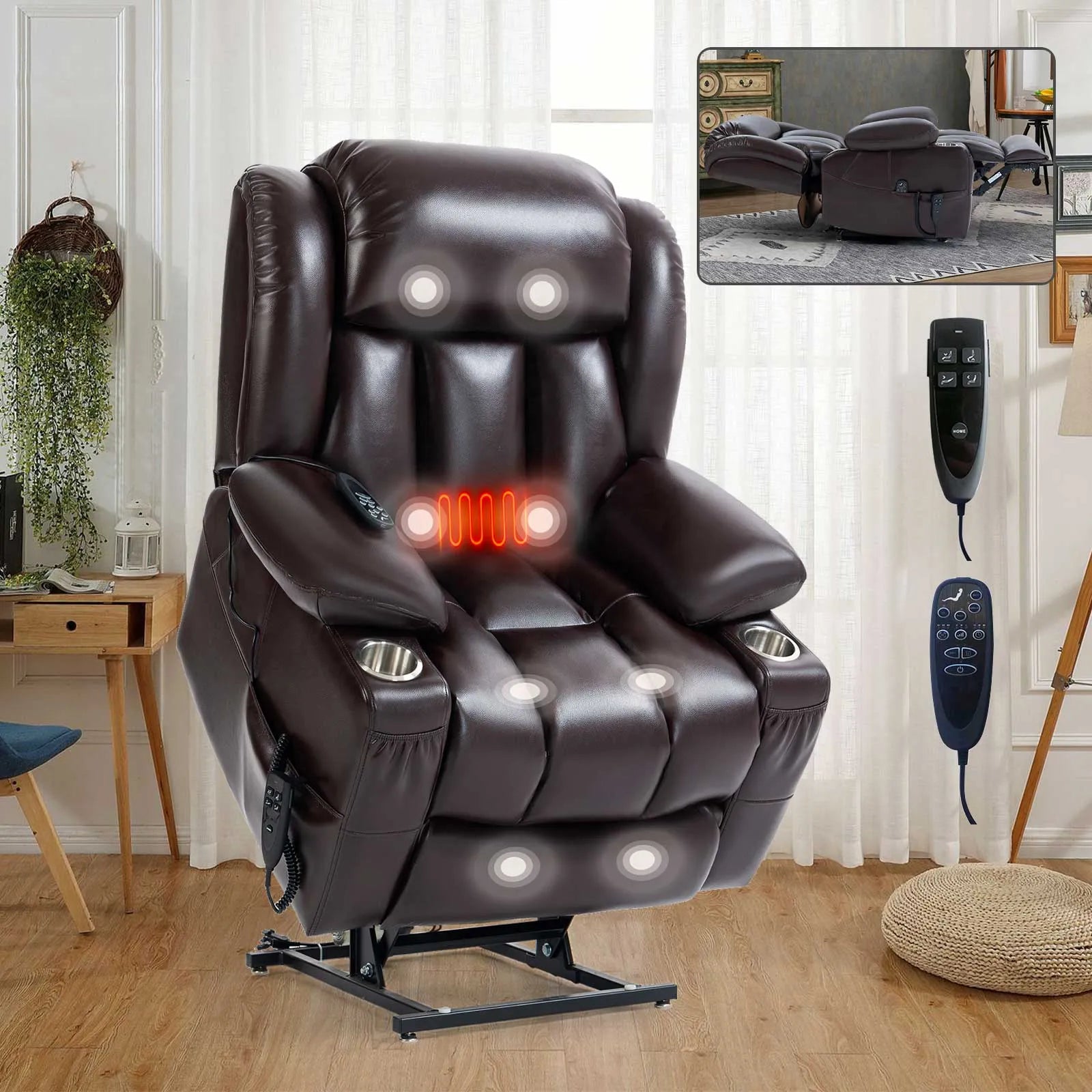 Faux Leather Lift Recliner for Elderly: Infinite Position Lay Flat with  Massage and Heating