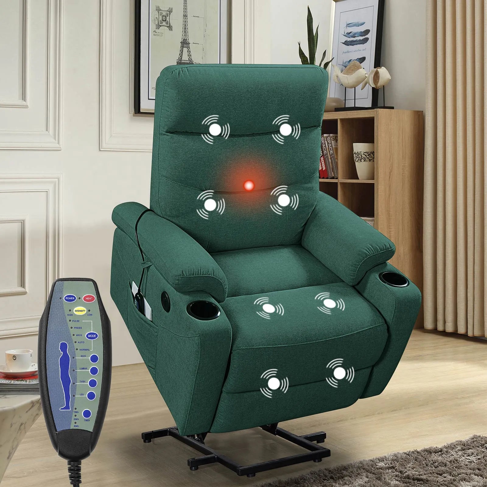 green lift recliner chair with heat and massage