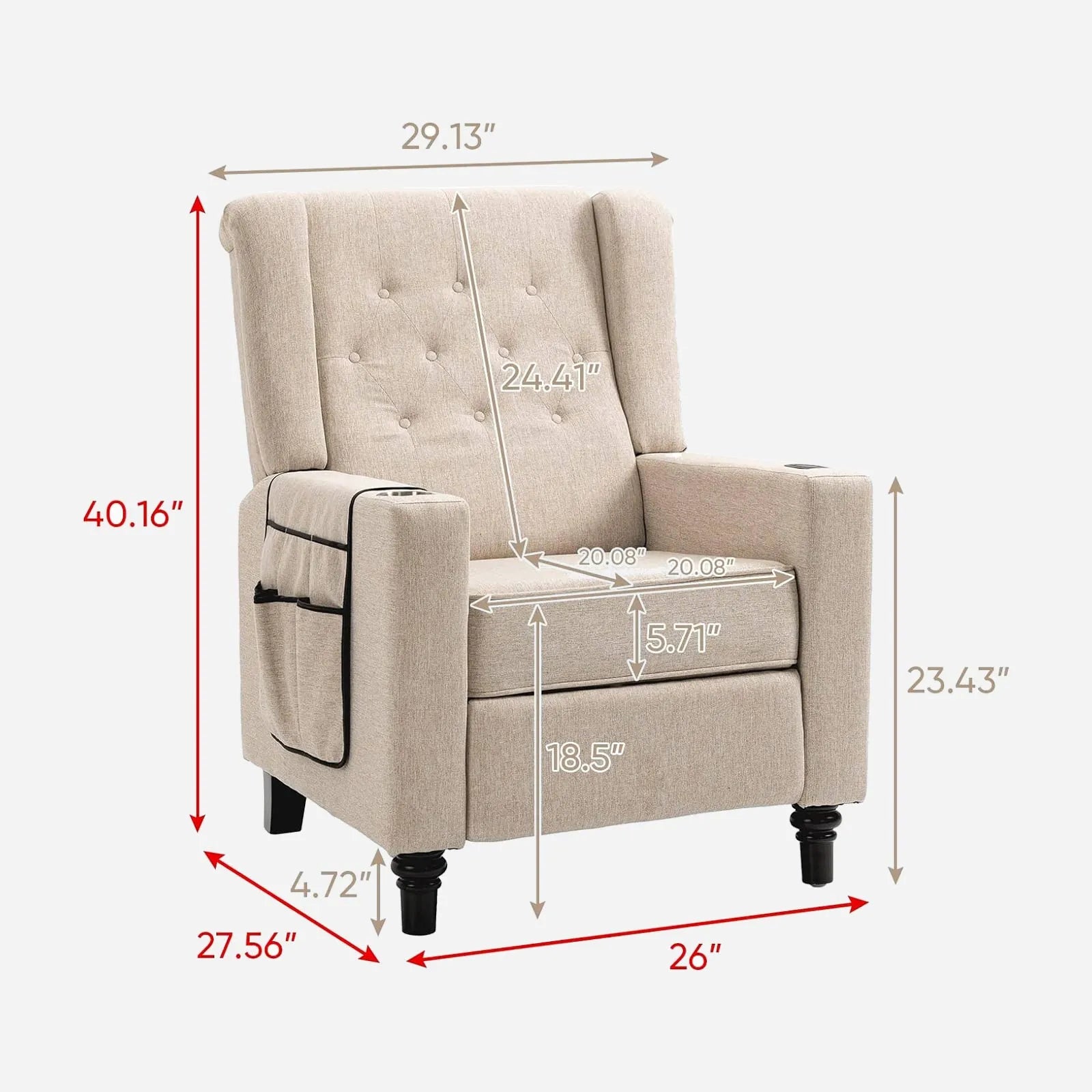 size of push back recliner