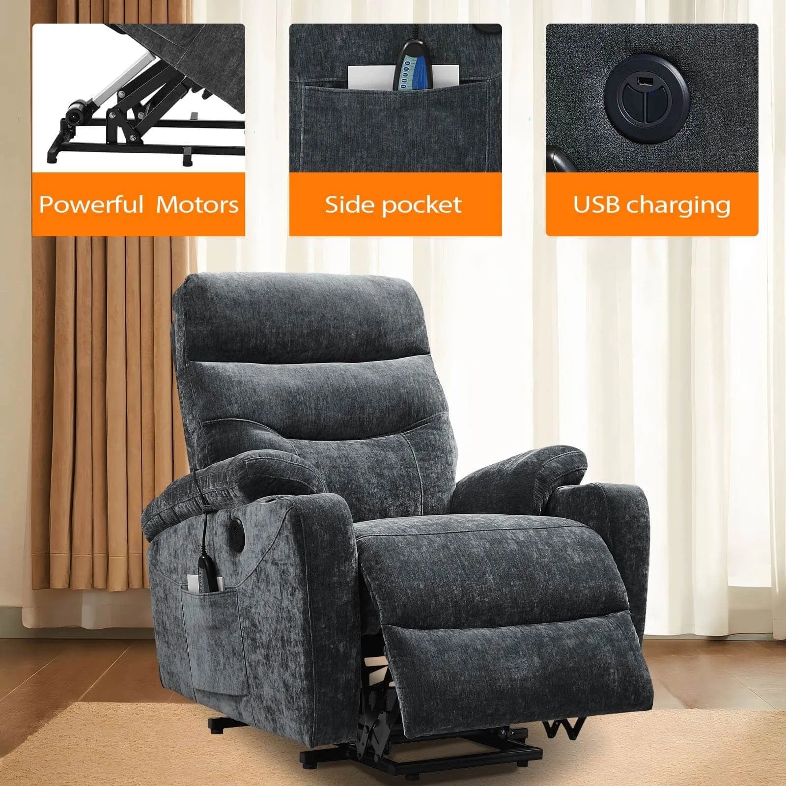 details of fabric lift recliner chairs