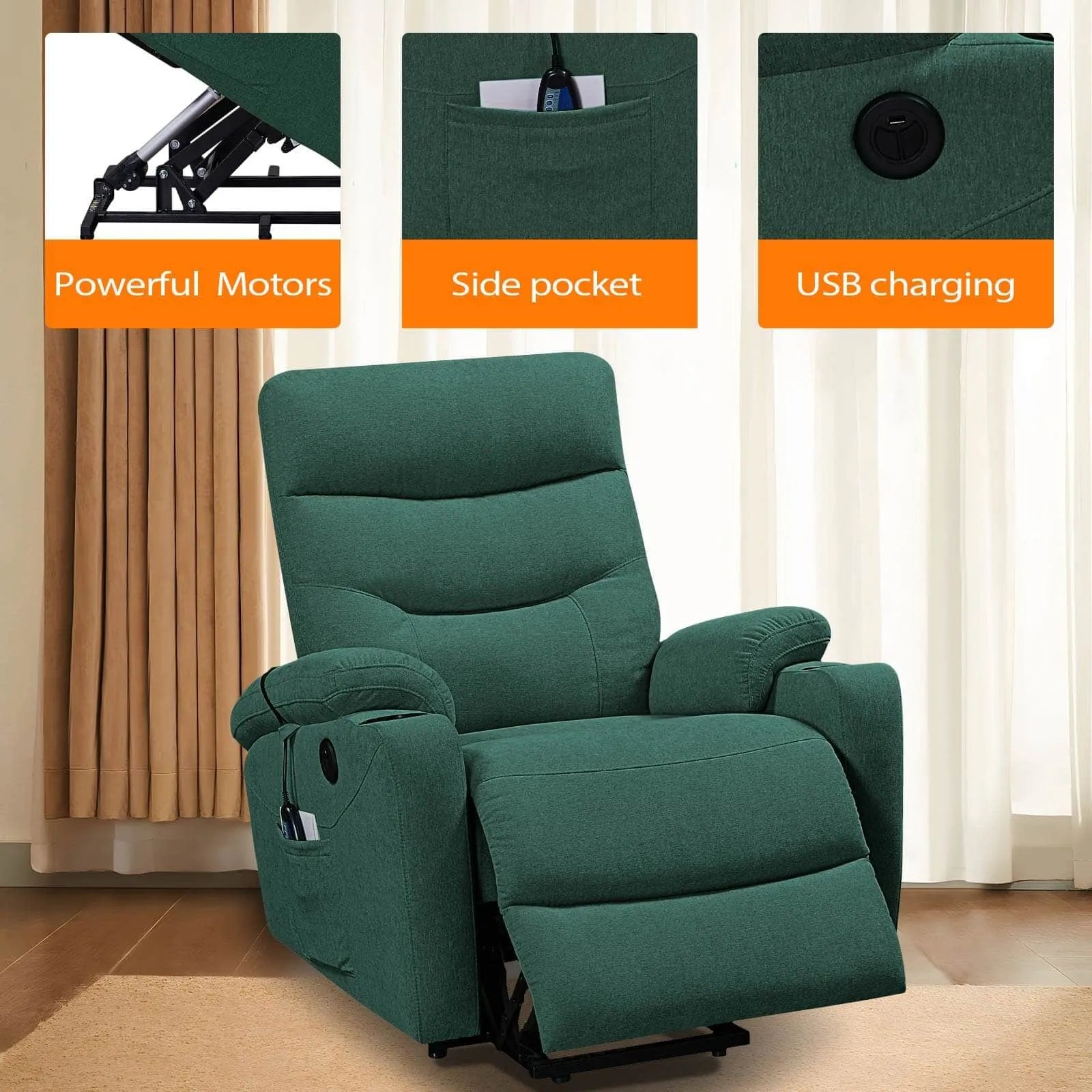 details of green lift recliner chair